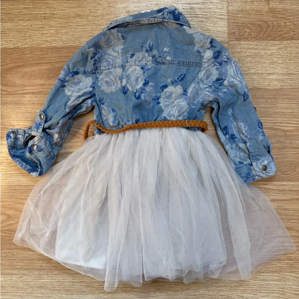 SUGAR GIRLS' FLORAL EMBROIDERED LONG SLEEVE‎ BUTTON-DOWN DENIM TUTU DRESS XS - Picture 2 of 3